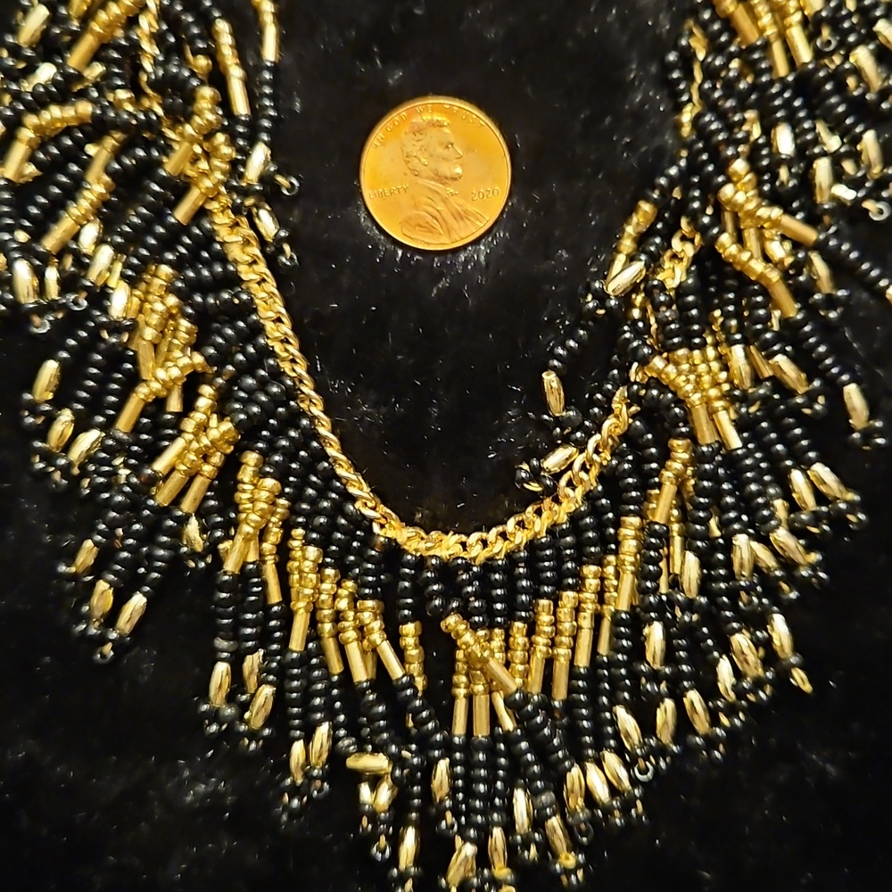 Gold + Black Beaded 15+3" Necklace Set with Matching Bracelet and Earrings - Picture 2 of 7